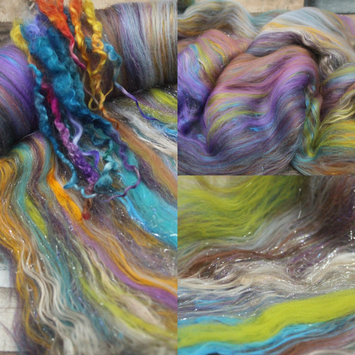 Merino Art Batt  - Green Purple Brown  -  56 grams 1.9 oz - 3 grams of locks - Wool for felting, spinning and weaving