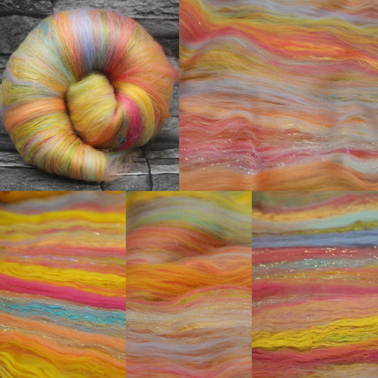 Merino Art Batt  - Yellow Pink Green - 111 grams 3.9 oz - Wool for felting, spinning and weaving