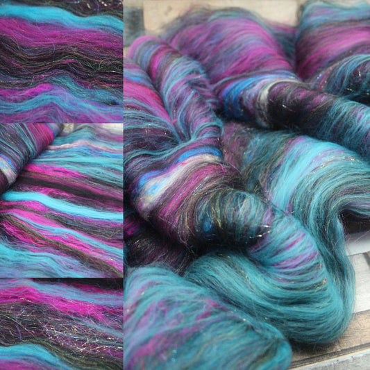 Merino Art Batt  - Pink Black Blue - 53 grams 1.8 oz - Wool for felting, spinning and weaving