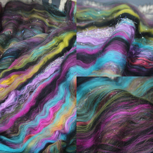 Supersoft Merino Art Batt  - Black Pink Purple Blue - 36 grams 1.2 oz - Wool for felting, spinning and weaving