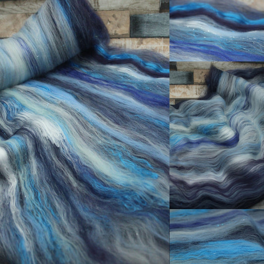 Merino Art Batt  - Blue White - 72 grams 2.5 oz - Wool for felting, spinning and weaving