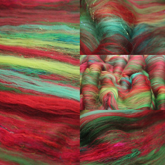 Merino Art Batt  -  Green Red - 72 grams 2.5 oz - Wool for felting, spinning and weaving