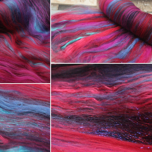 Merino Art Batt  - Red Purple Pink -  67 grams 2.3 oz - Wool for felting, spinning and weaving