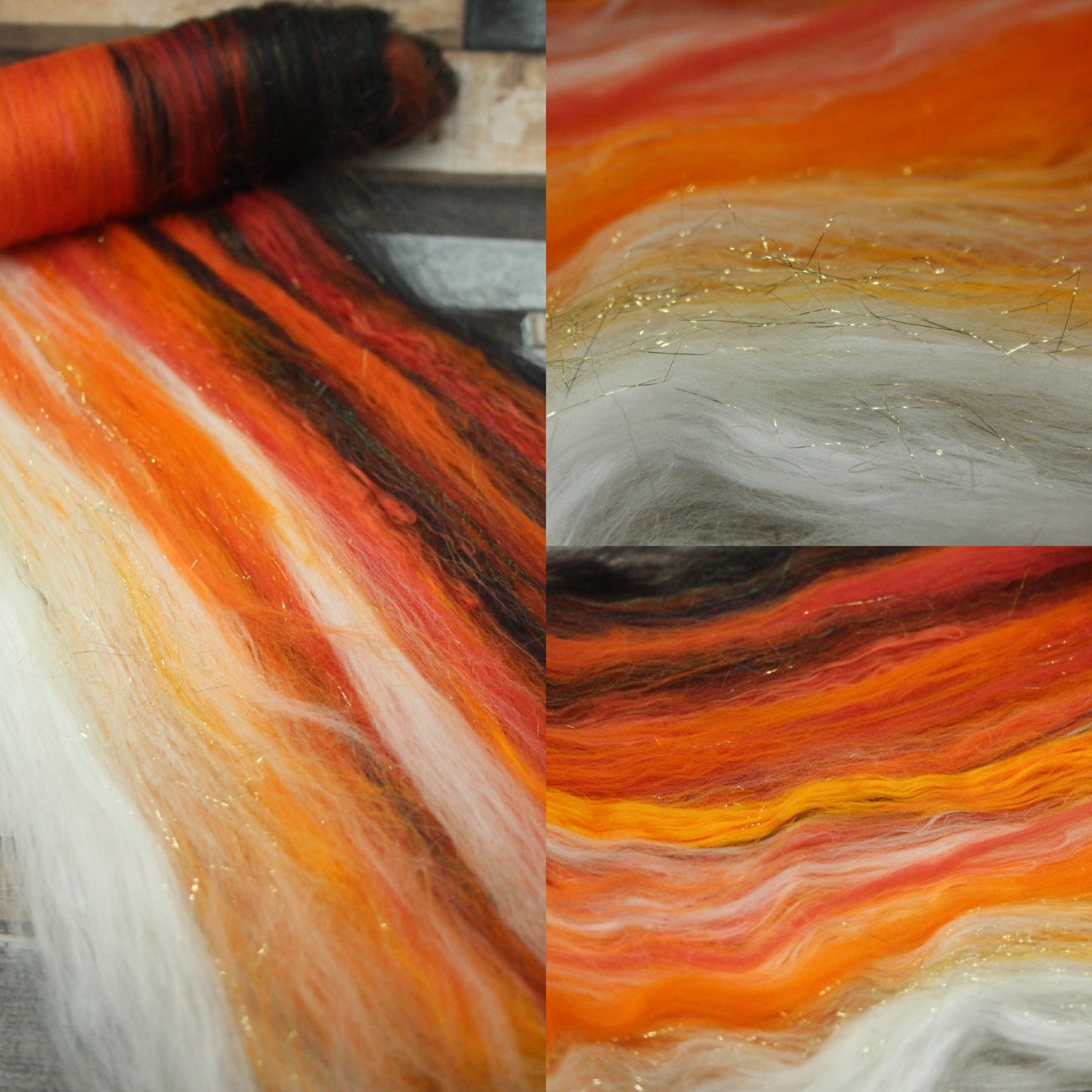 Merino Art Batt  - Black Orange White - 41 grams 1.4 oz - Wool for felting, spinning and weaving