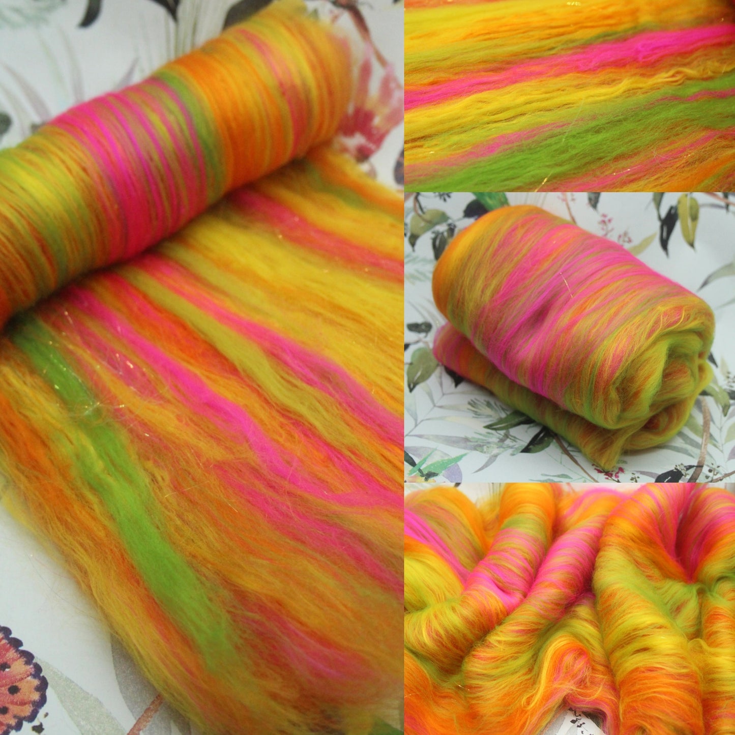Merino Art Batt  -  Green Pink Yellow Orange - 58 grams 2 oz - Wool for felting, spinning and weaving