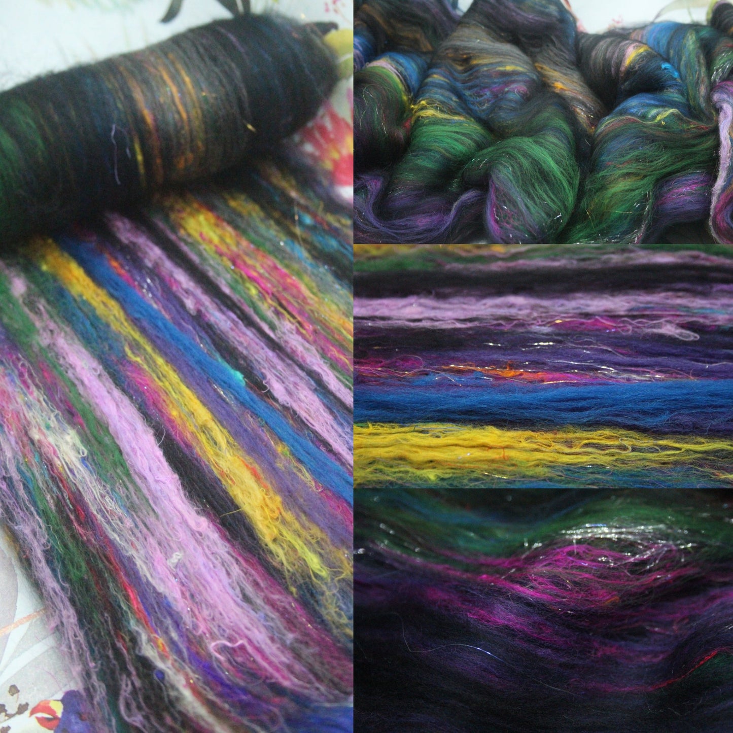 Merino Art Batt  -  Blue Black Green Purple - 60 grams 2.1 oz - Wool for felting, spinning and weaving