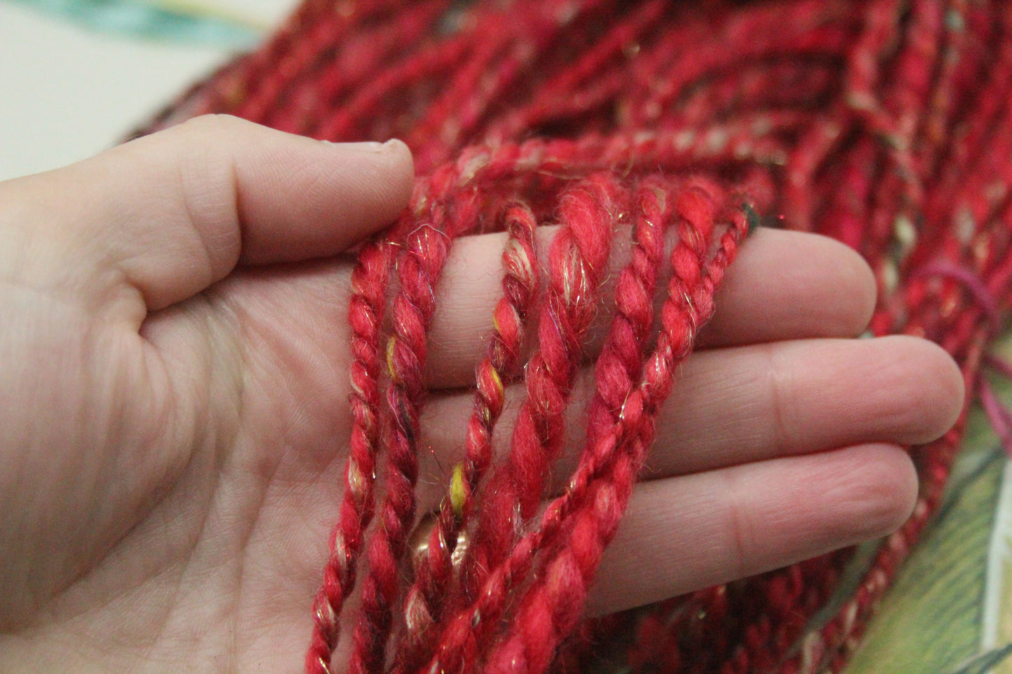 Handspun Yarn - Red Green Gold - Christmas - 18mtrs/20yards 18g/0.6oz - Yarn for crocheting. knitting, weaving...