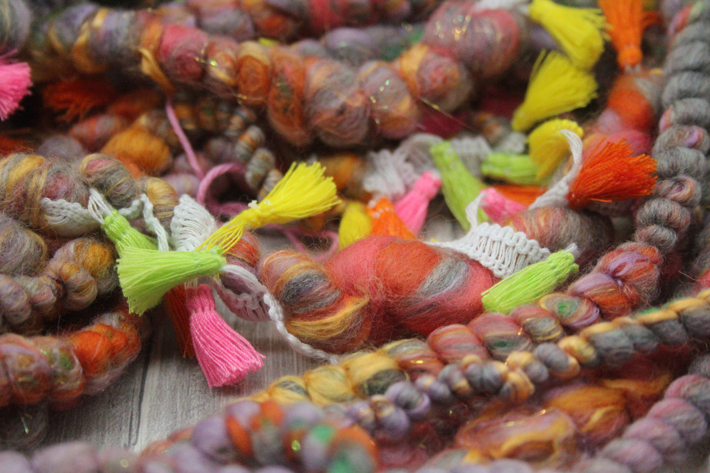 Handspun Yarn - Orange Grey Green - With Tassels -  11mtrs / 13yards 152g / 5oz - Yarn for crocheting. knitting, weaving...