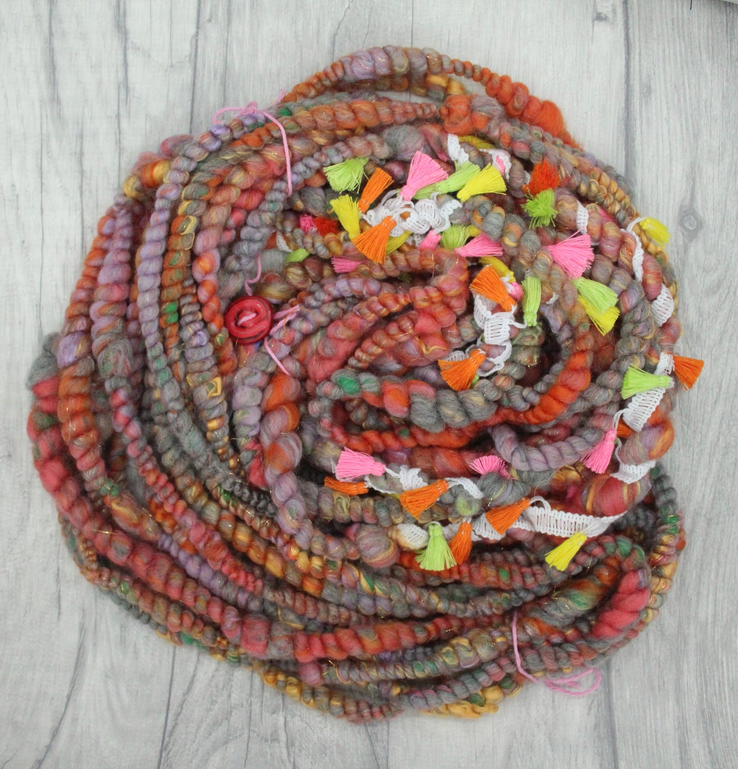 Handspun Yarn - Orange Grey Green - With Tassels -  11mtrs / 13yards 152g / 5oz - Yarn for crocheting. knitting, weaving...