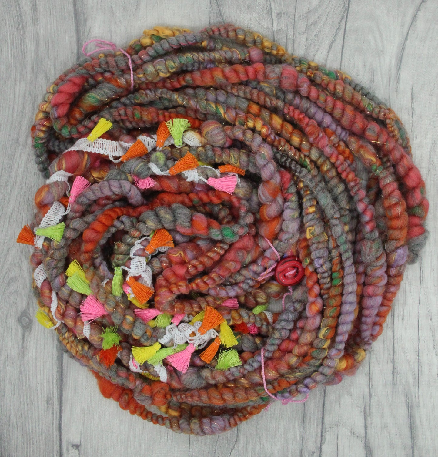 Handspun Yarn - Orange Grey Green - With Tassels -  11mtrs / 13yards 152g / 5oz - Yarn for crocheting. knitting, weaving...