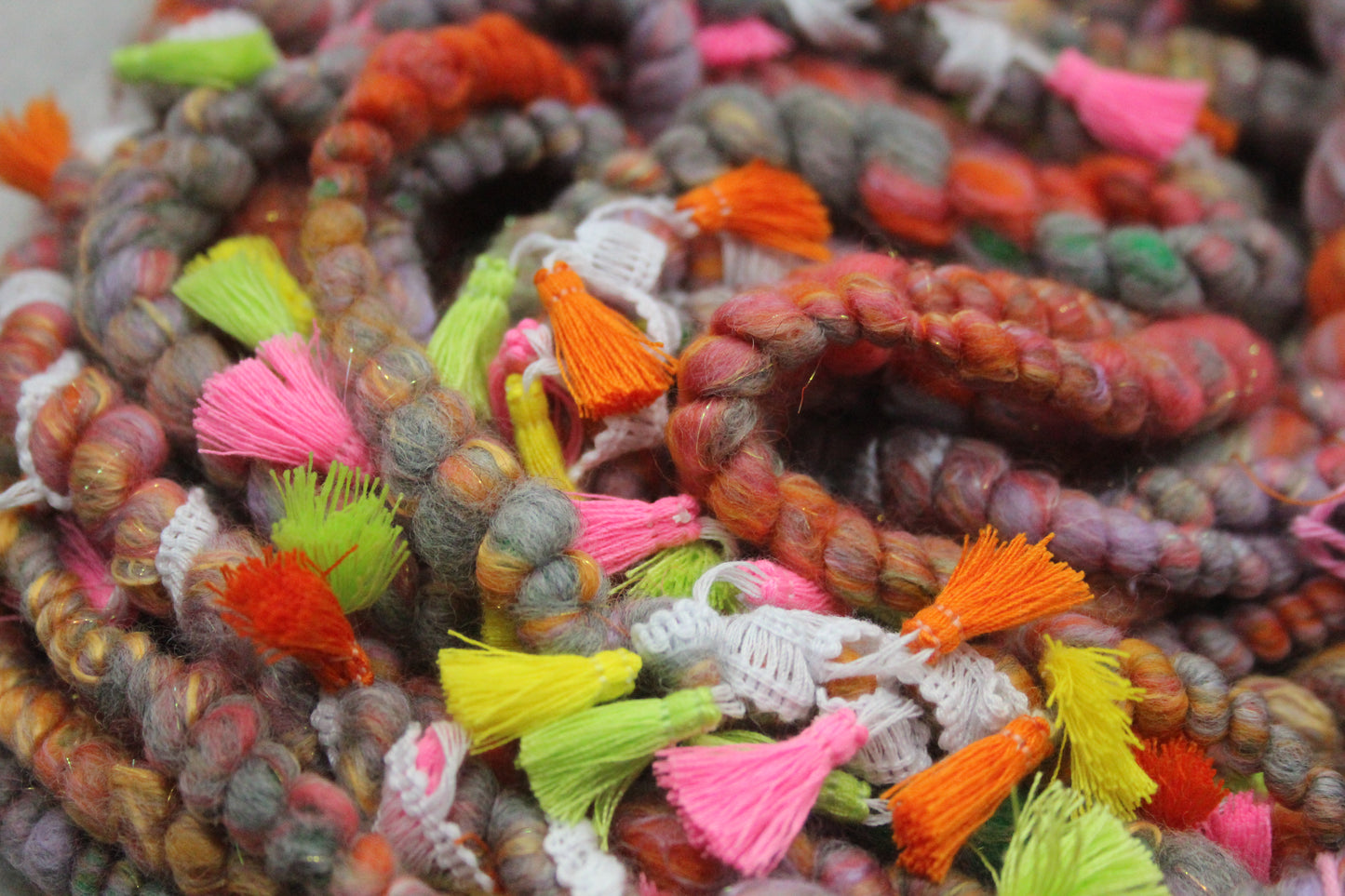 Handspun Yarn - Orange Grey Green - With Tassels -  11mtrs / 13yards 152g / 5oz - Yarn for crocheting. knitting, weaving...