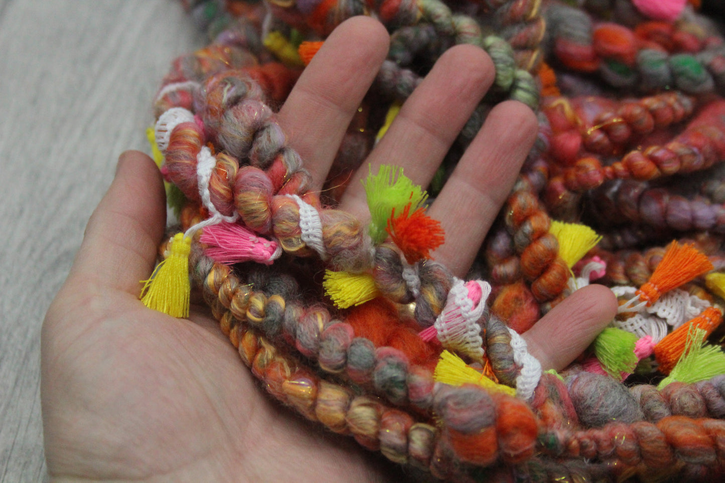 Handspun Yarn - Orange Grey Green - With Tassels -  11mtrs / 13yards 152g / 5oz - Yarn for crocheting. knitting, weaving...